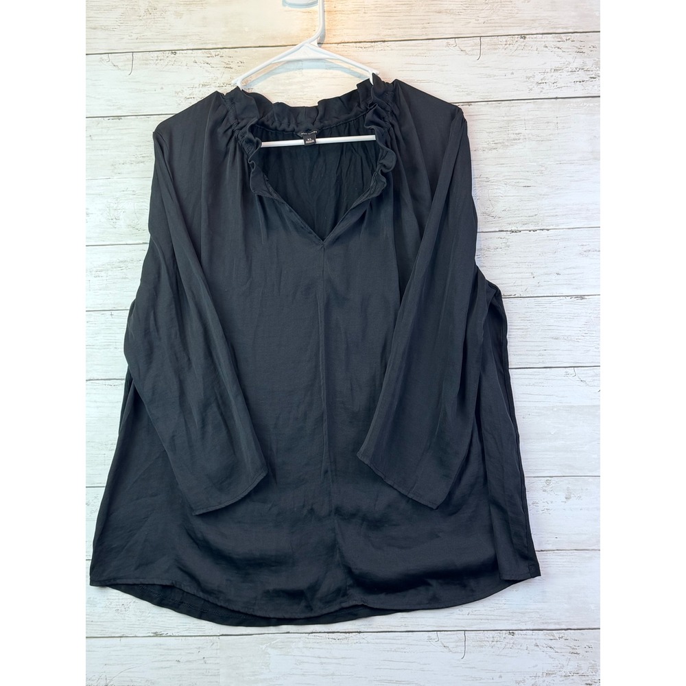 Ann Taylor Black Ruffle Neck Mixed Media Blouse XL Long Sleeve V-Neck Top